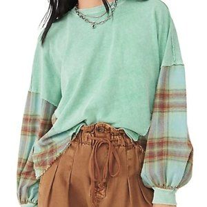 Free People Miley Long Sleeve Slouchy Plaid Cotton Top. Size XS. EUC!